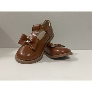Kiderence Brown Patent Leather Girls Shoes Hook And Loop Closure W Bow Scallops